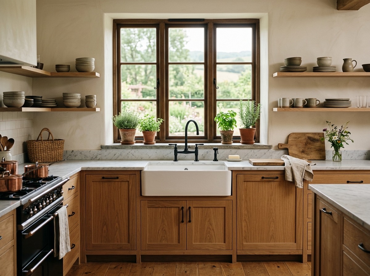 The renovated kitchen at 142 Old Mill Lane, white oak cabinetry and honed marble counters