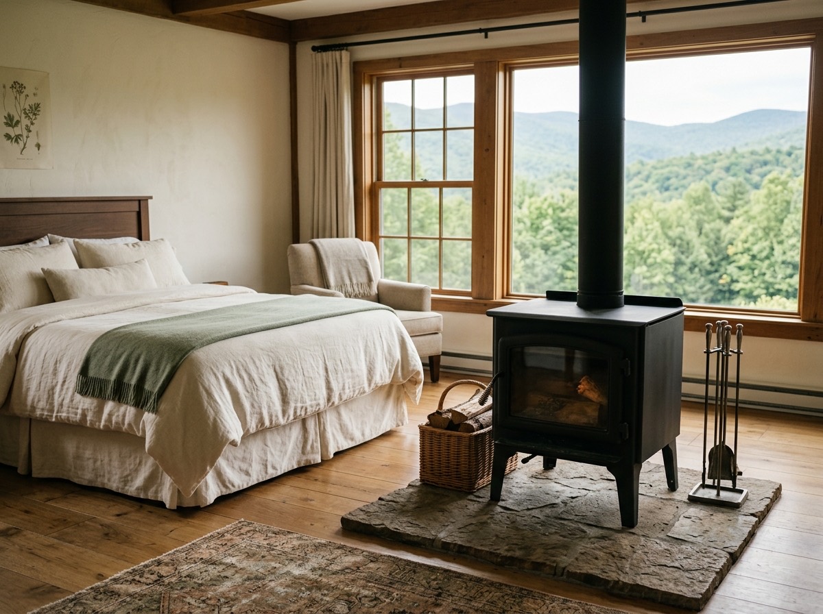 The Birch guest room with cream linens and a view of the surrounding forest