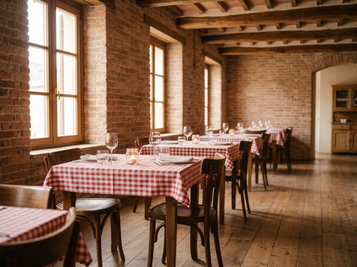 Warm dining room with red-checkered tablecloths, candlelight, and exposed brick