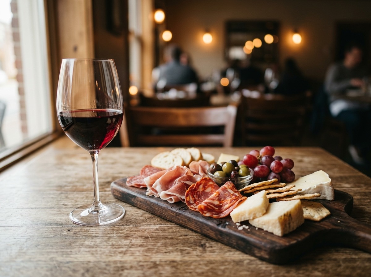 Glass of red wine next to a board of house-cured charcuterie and local cheeses