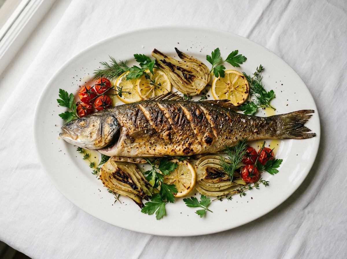 Whole roasted Branzino with fennel and lemon, presented at the table