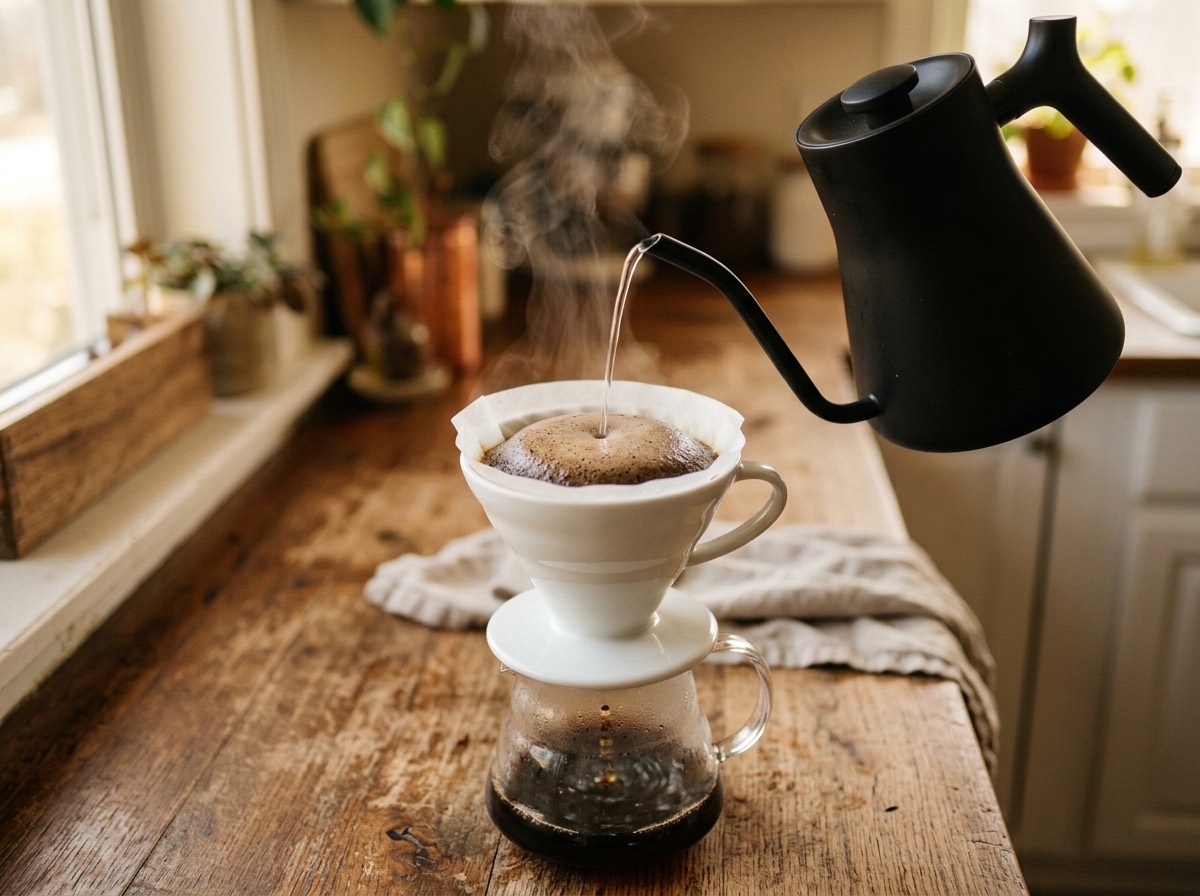 Close-up pour-over setup with a gooseneck kettle and coffee blooming in the filter