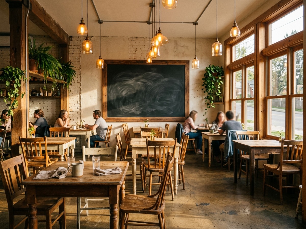 Warm café dining room with mismatched wood tables, hanging pendant lights, and a chalkboard menu