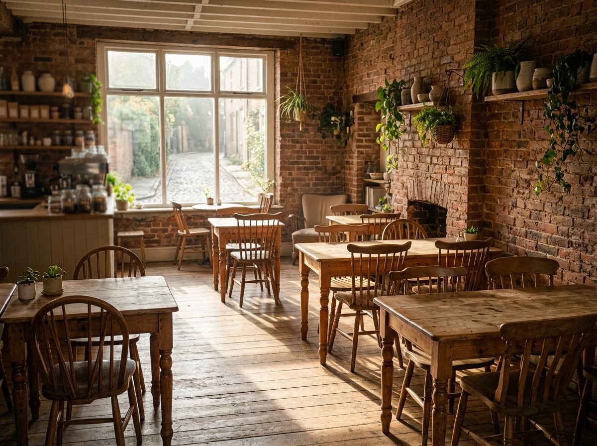 Warm café interior at Millbrook Coffee Roasters with exposed brick, wood tables, and morning light