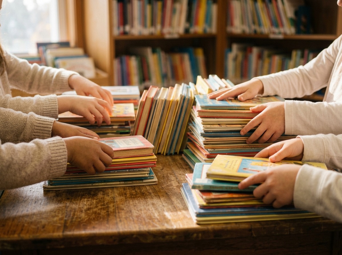 Kids' hands sorting books at a community book pantry table