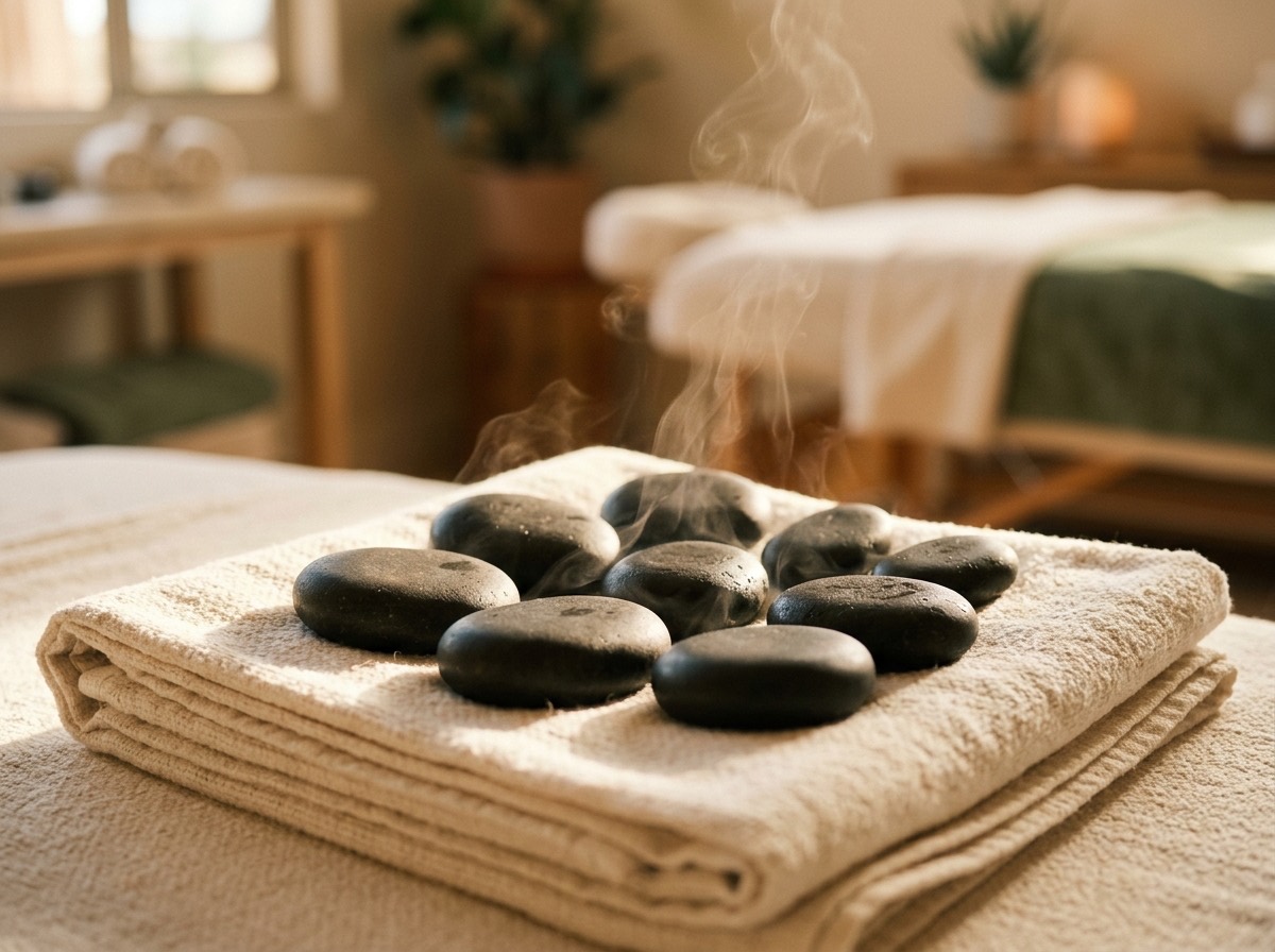 Heated basalt stones cooling on a folded towel beside the treatment table