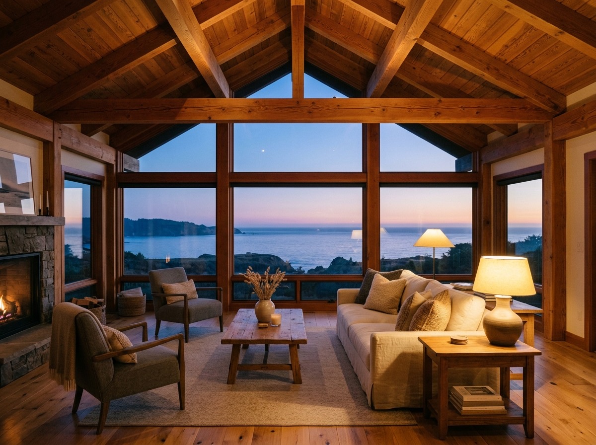 A finished great room interior with vaulted timber ceilings and large coastal views