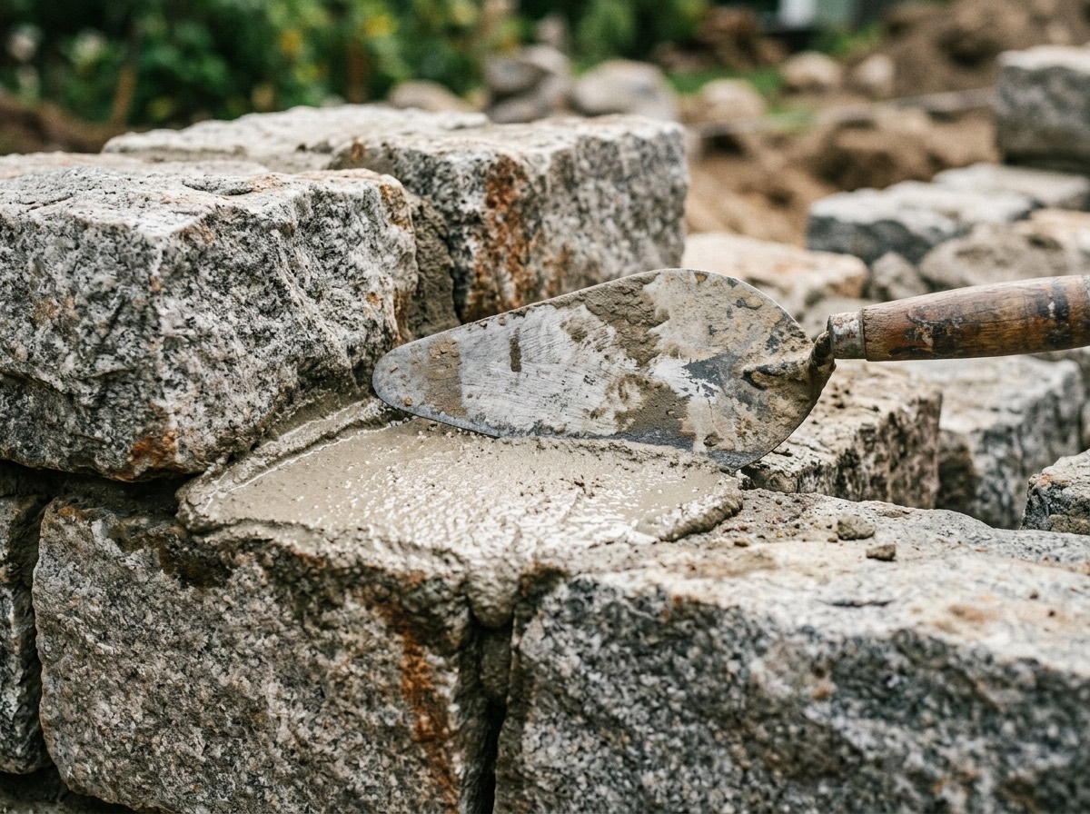 A stone foundation being laid with granite blocks and mortar detail